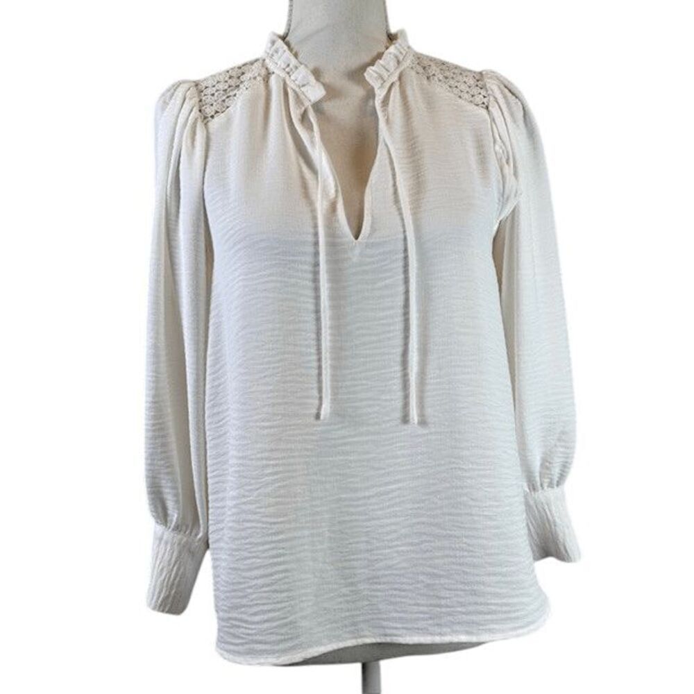 Brochu Walker Tereza Blouson Sleeve Lace Shoulder Inset Crepe Blouse Tie Neck XS - Picture 2 of 10